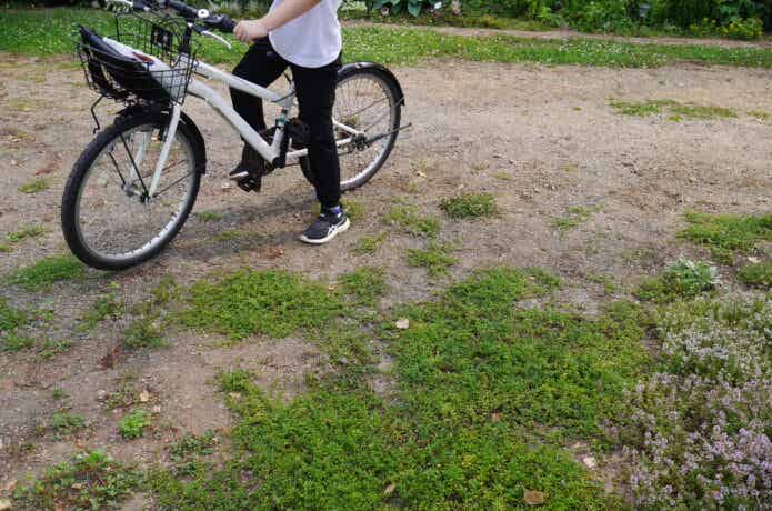 原っぱで自転車に乗る少年