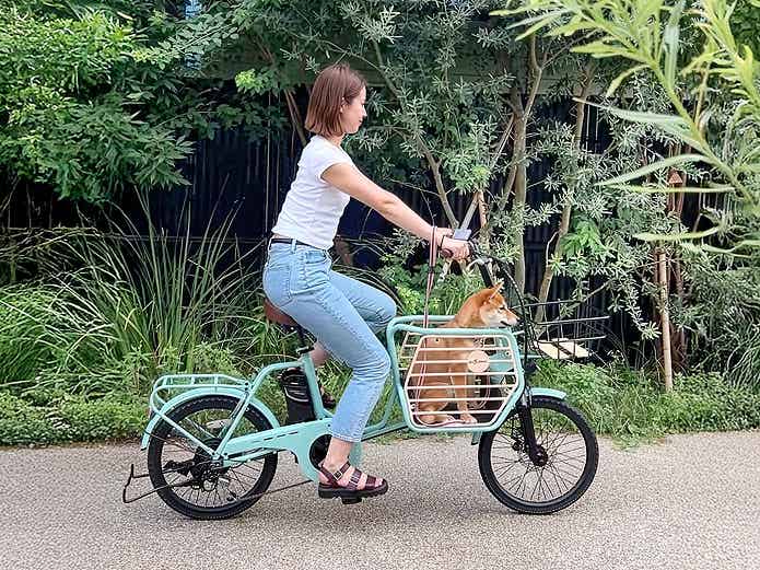 with oneに乗る女性と犬