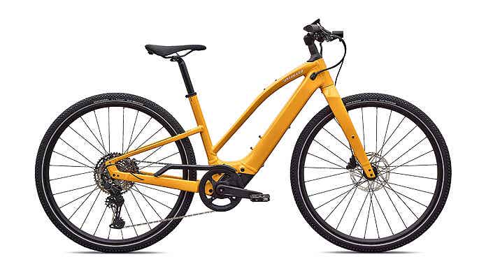 Turbo Vado SL 2 4.0 Step-Through、GLOSS BRASSY YELLOW / METALLIC WHITE SILVER FROST REFLECTIVE