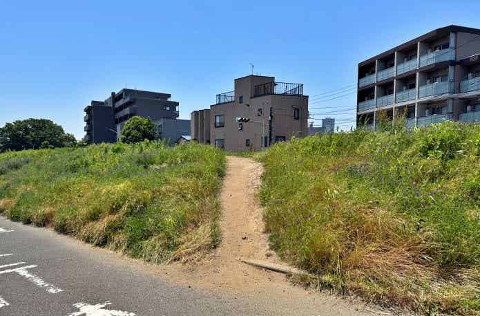 多摩川の土手に上がる道