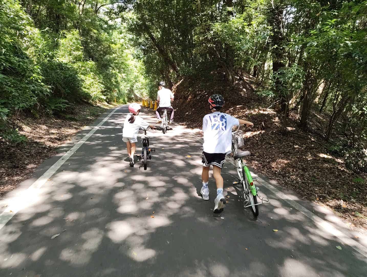 森林公園サイクリングコースで自転車を押す子供たち