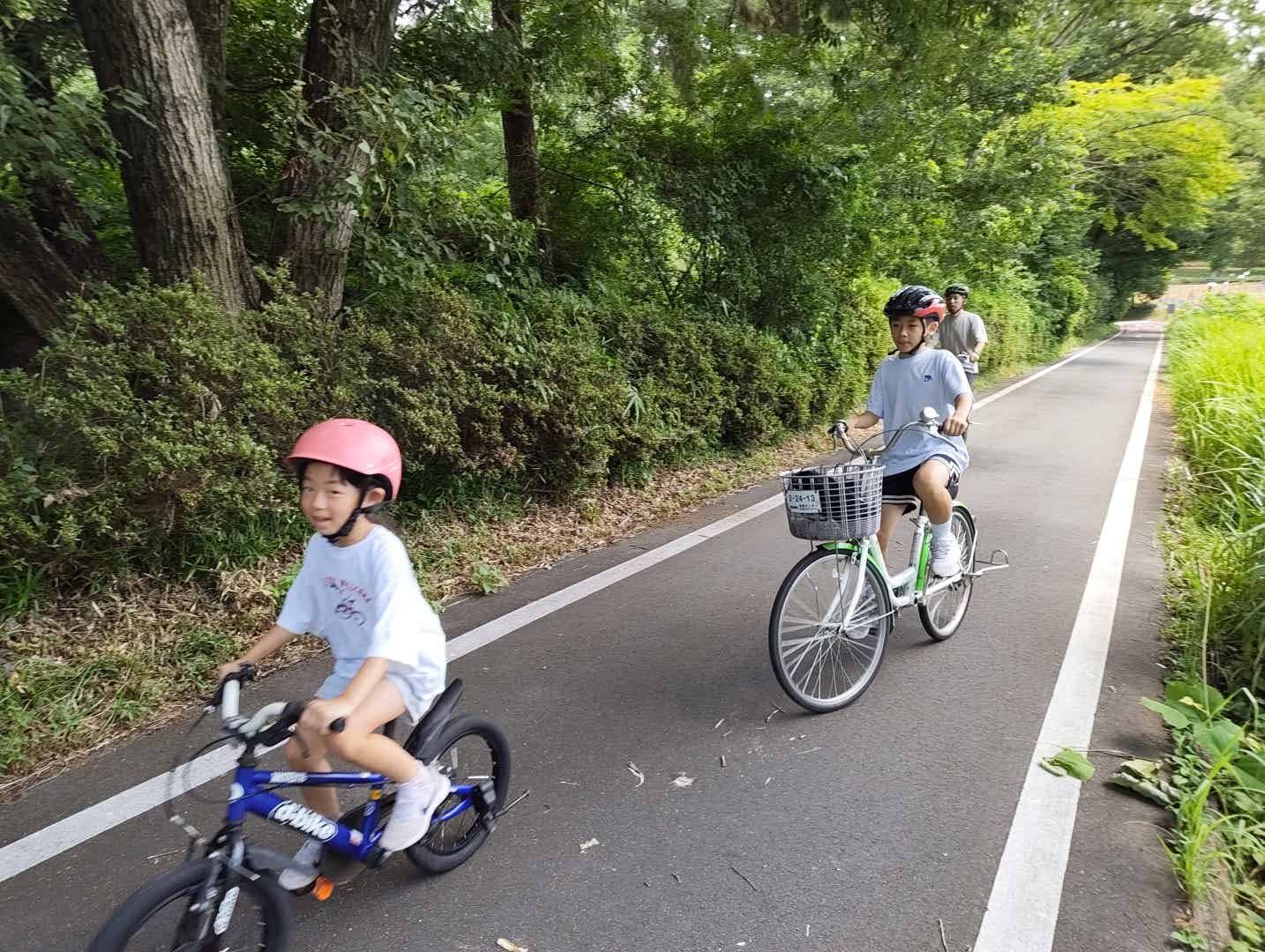 森林公園をサイクリングする親子