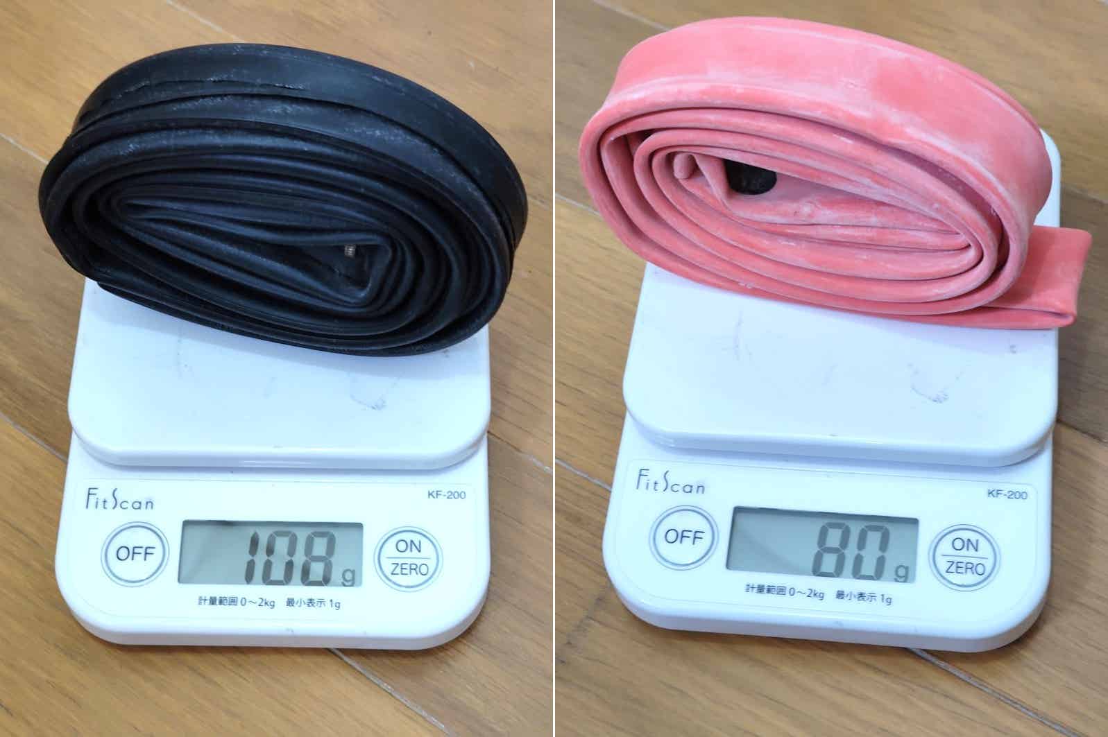 ブチルチューブとラテックスチューブの重量差