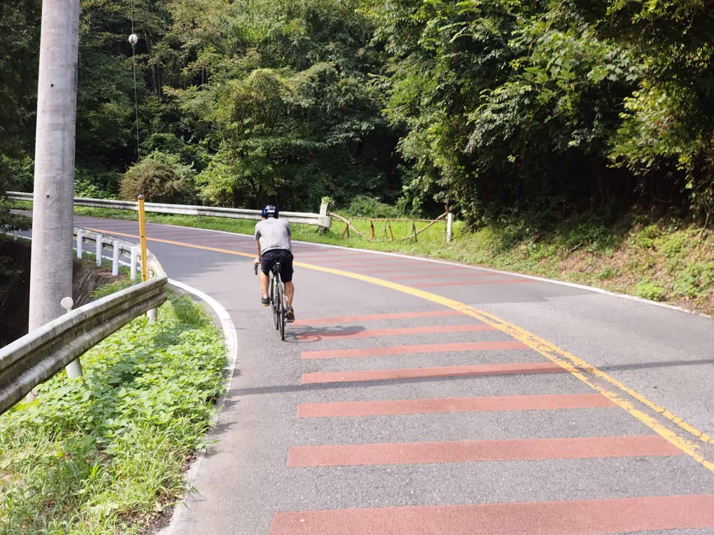 郊外の道をロードバイクで走るYさん