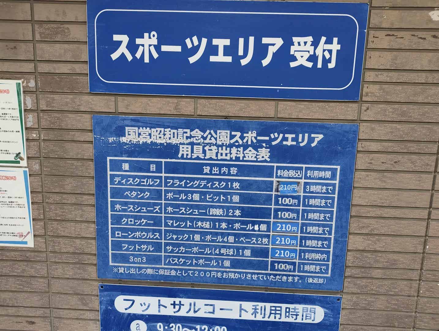 昭和記念公園のスポーツエリアの料金表