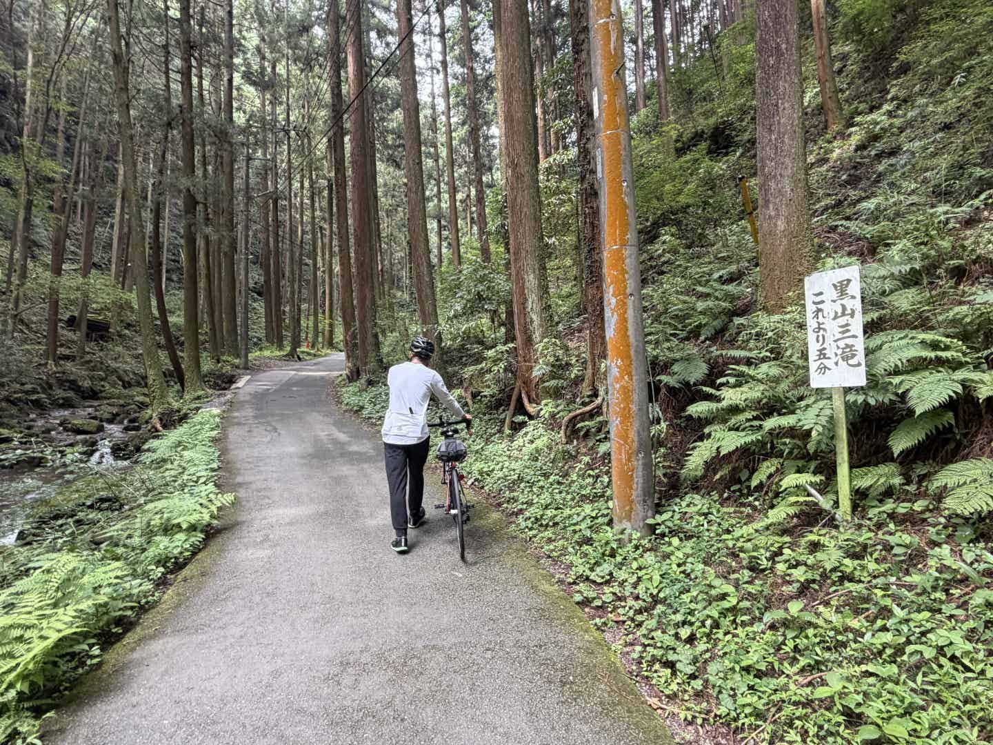 黒山三滝までの道をロードバイクを押して歩く筆者
