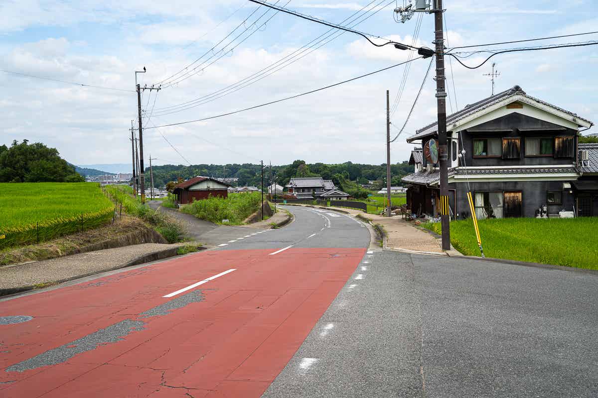赤い自転車専用レーンが続く田園地帯の道路