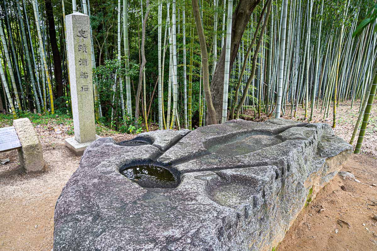 竹林の中にある酒船石、幾何学模様の溝が彫られた巨石