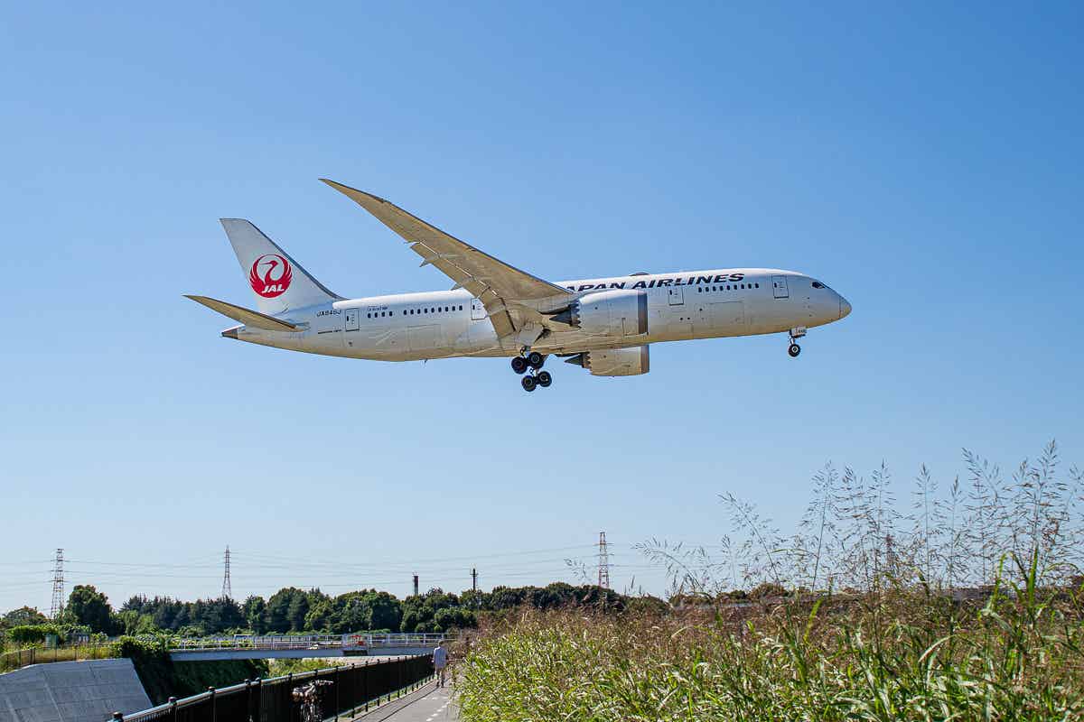 千里川土手から見る着陸直前のJAL旅客機
