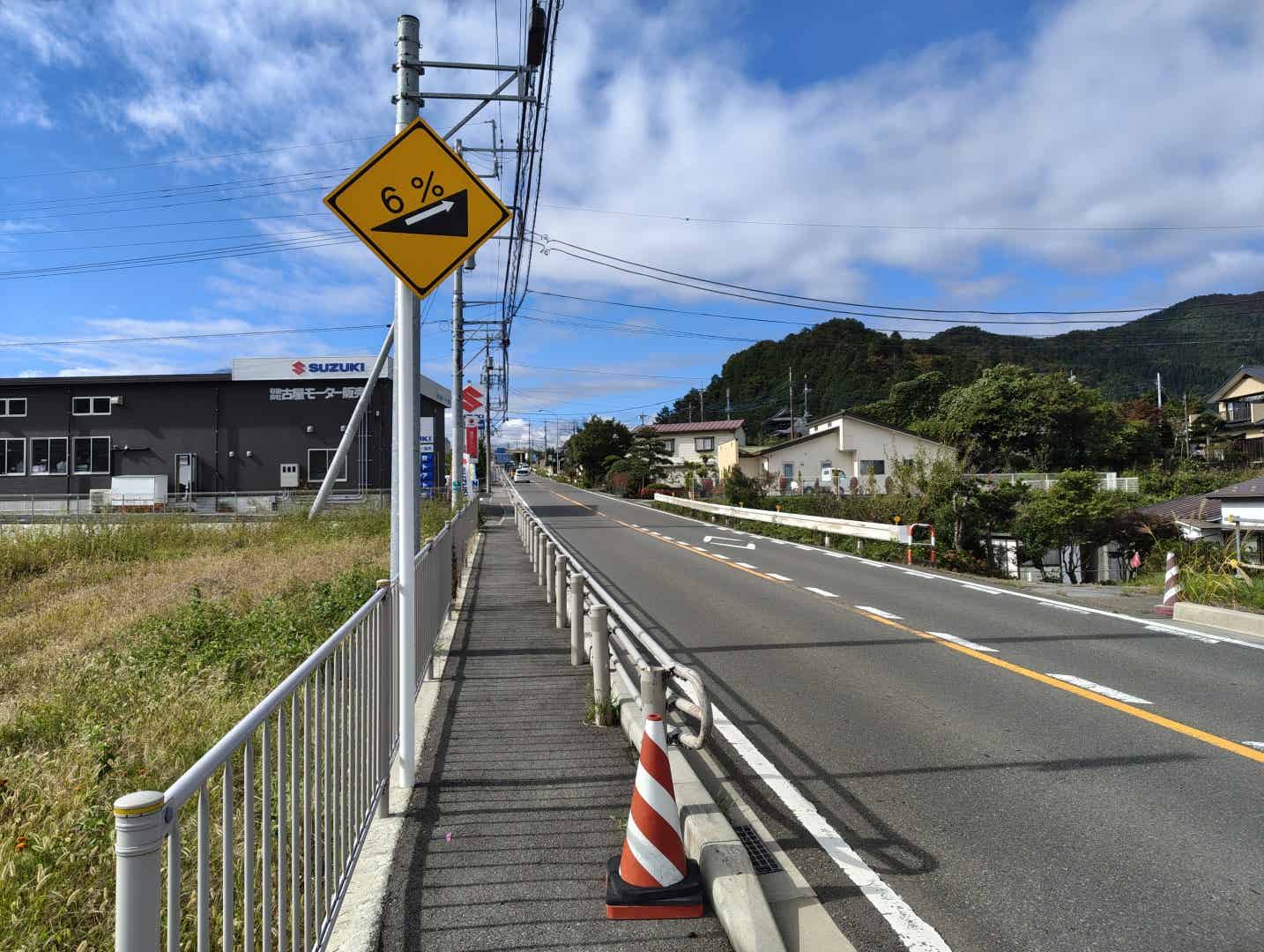 国道139号の6％の勾配の看板
