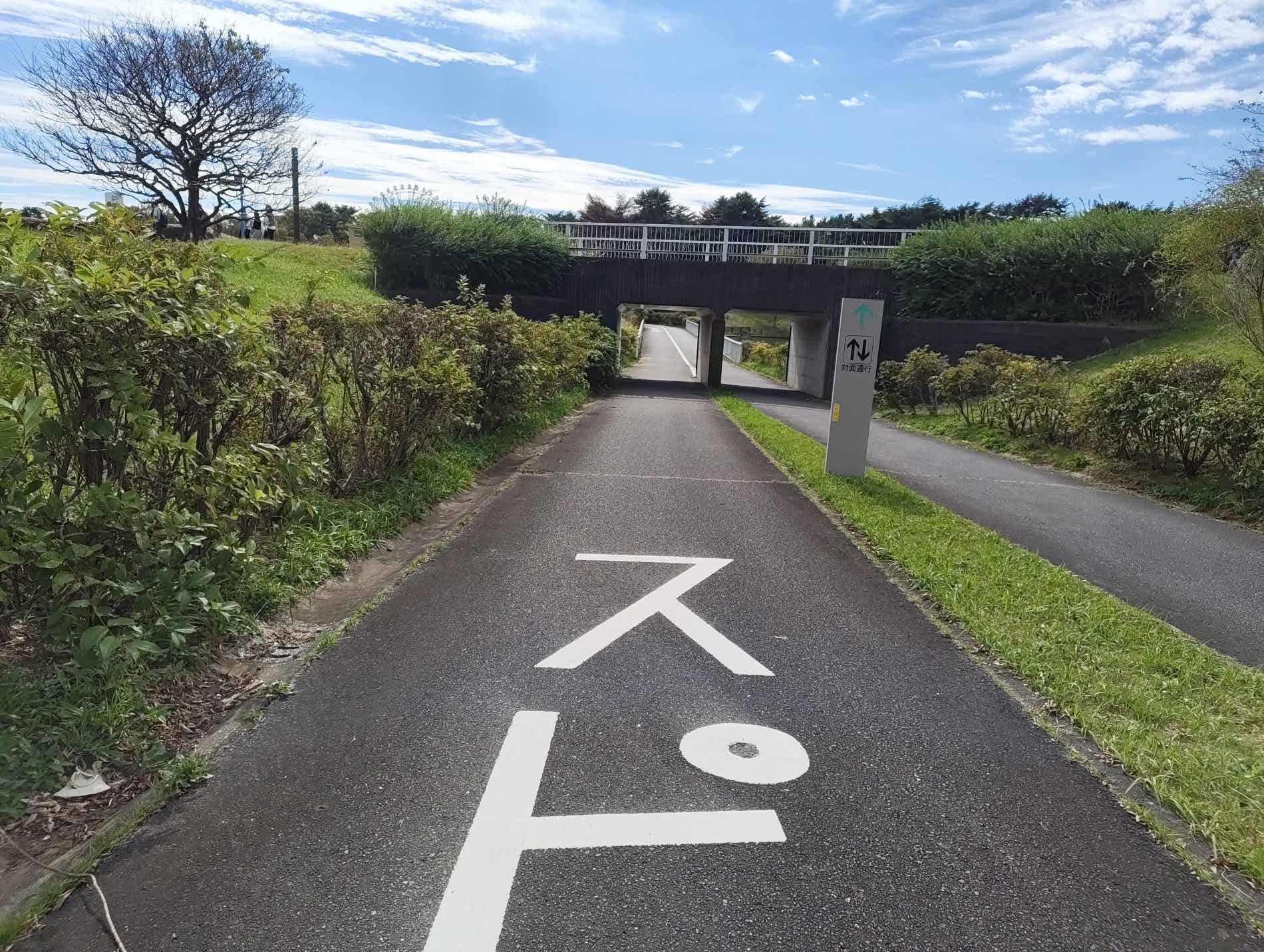 サイクリングコースのスピード注意の標識
